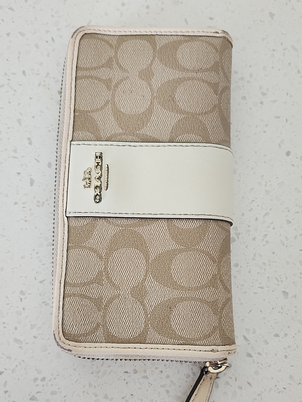 Coach Tan Signature Zip-Around Wallet with Cream Leather Band